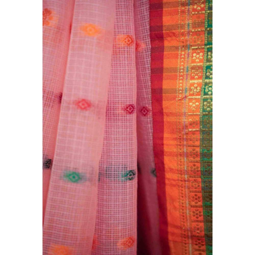 Isadora Life Womens Woven Zari Pink Pre-Draped Saree with Unstitched Blouse