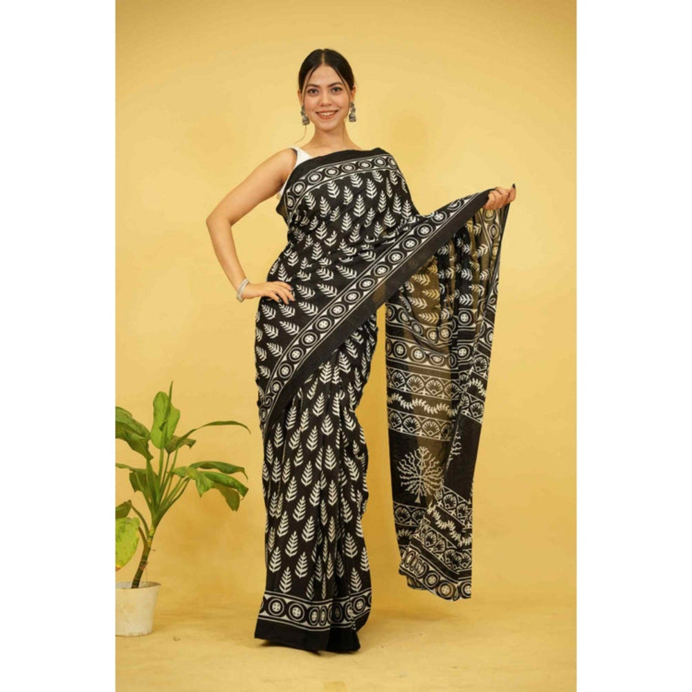 Isadora Life Womens Printed Black Pre-Draped Saree with Unstitched Blouse