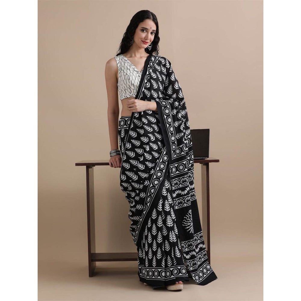 Isadora Life Womens Printed Black Pre-Draped Saree with Unstitched Blouse