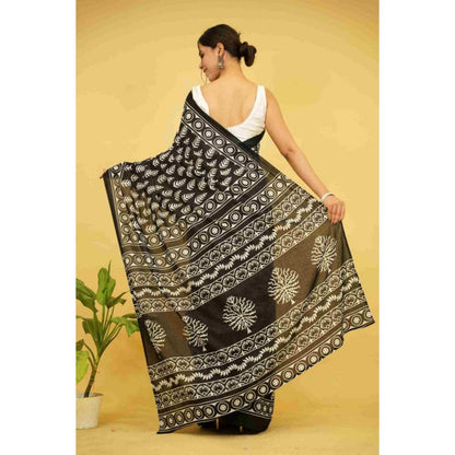 Isadora Life Womens Printed Black Pre-Draped Saree with Unstitched Blouse