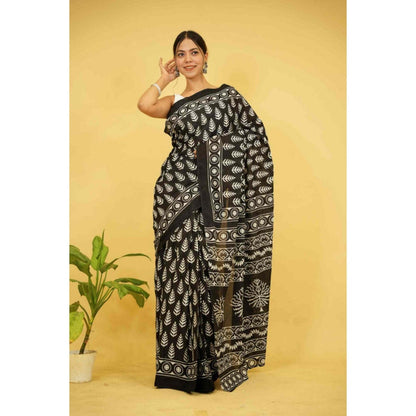 Isadora Life Womens Printed Black Pre-Draped Saree with Unstitched Blouse