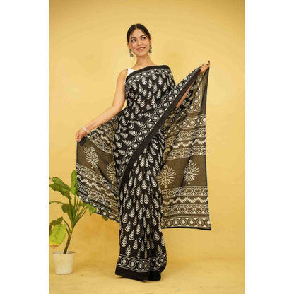 Isadora Life Womens Printed Black Pre-Draped Saree with Unstitched Blouse