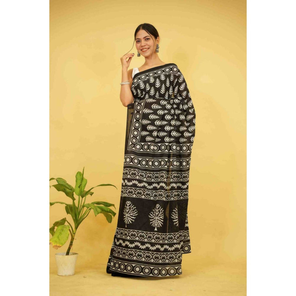 Isadora Life Womens Printed Black Pre-Draped Saree with Unstitched Blouse