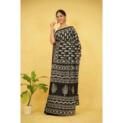 Isadora Life Womens Printed Black Pre-Draped Saree with Unstitched Blouse