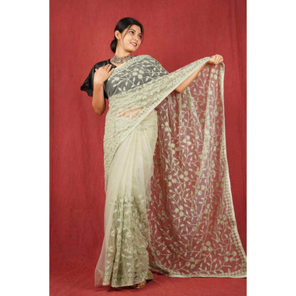 Isadora Life Womens Sequined Embroidered Green Pre-Draped Saree with Unstitched Blouse