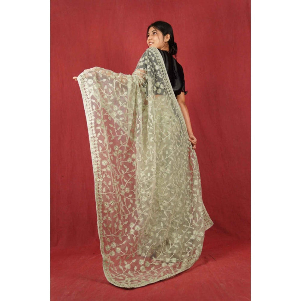 Isadora Life Womens Sequined Embroidered Green Pre-Draped Saree with Unstitched Blouse