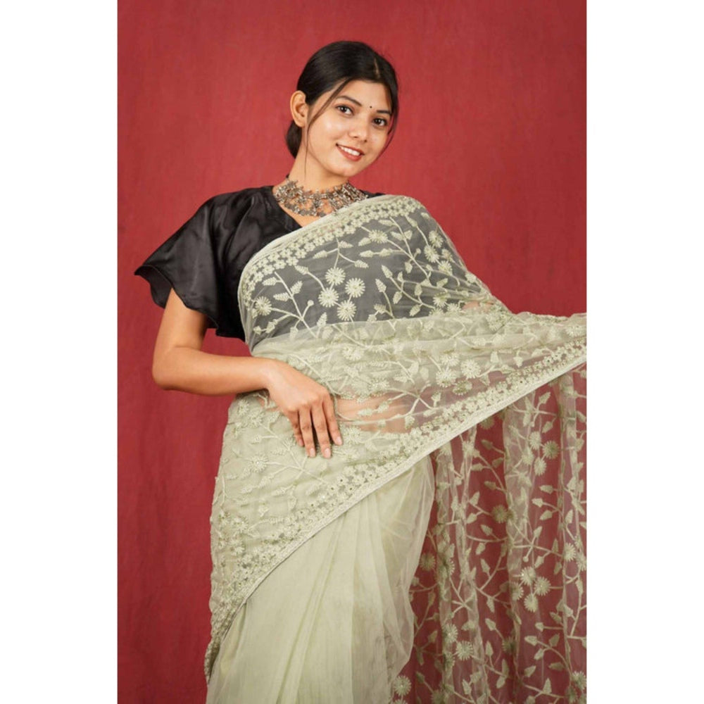 Isadora Life Womens Sequined Embroidered Green Pre-Draped Saree with Unstitched Blouse