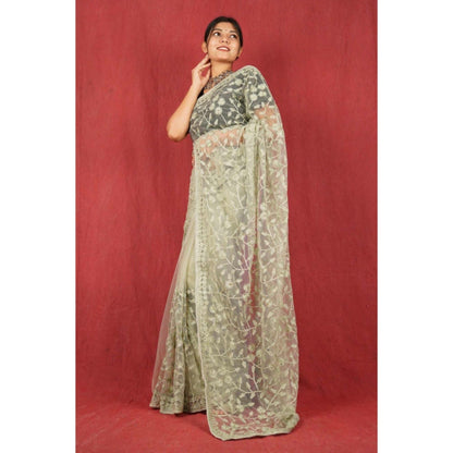 Isadora Life Womens Sequined Embroidered Green Pre-Draped Saree with Unstitched Blouse