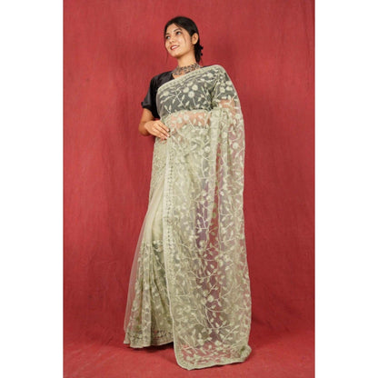 Isadora Life Womens Sequined Embroidered Green Pre-Draped Saree with Unstitched Blouse
