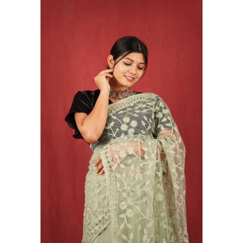 Isadora Life Womens Sequined Embroidered Green Pre-Draped Saree with Unstitched Blouse