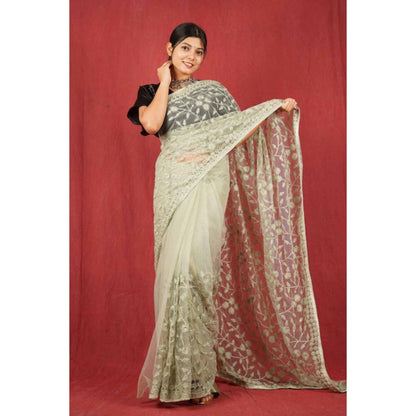 Isadora Life Womens Sequined Embroidered Green Pre-Draped Saree with Unstitched Blouse