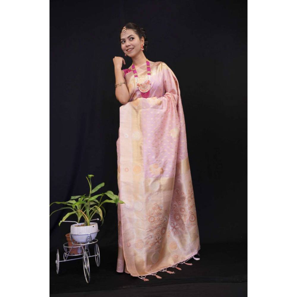 Isadora Life Womens Woven Zari Pink Pre-Draped Saree with Unstitched Blouse