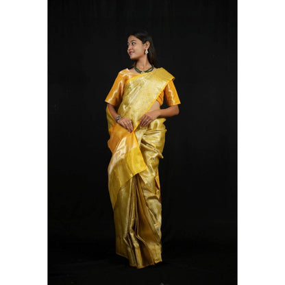 Isadora Life Womens Woven Zari Yellow Pre-Draped Saree with Unstitched Blouse