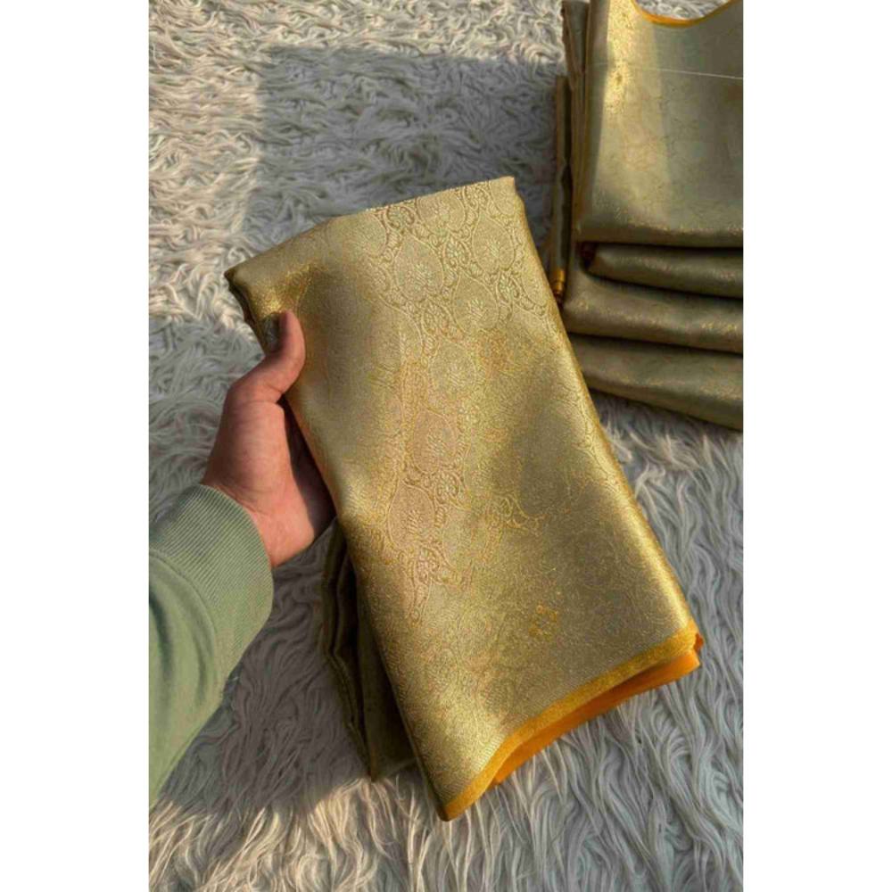 Isadora Life Womens Woven Zari Yellow Pre-Draped Saree with Unstitched Blouse
