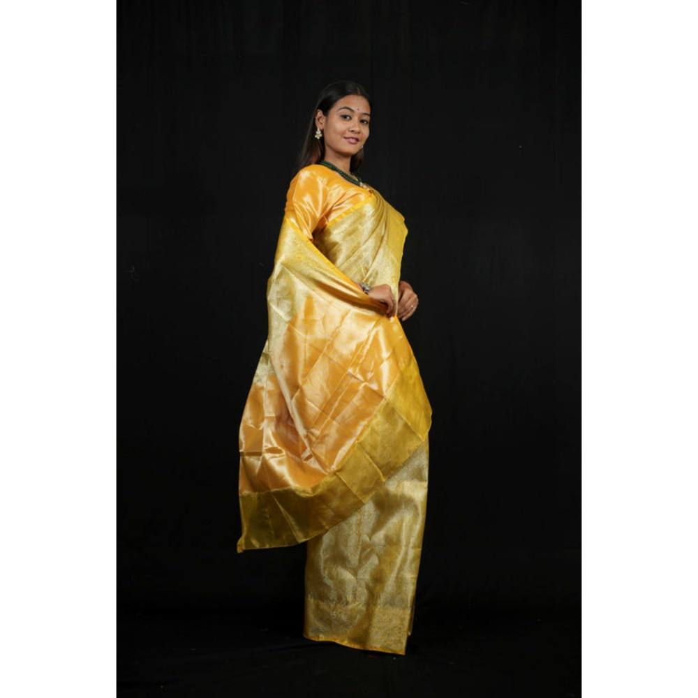 Isadora Life Womens Woven Zari Yellow Pre-Draped Saree with Unstitched Blouse