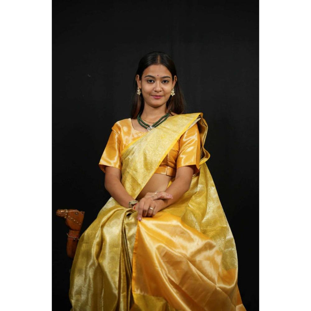 Isadora Life Womens Woven Zari Yellow Pre-Draped Saree with Unstitched Blouse