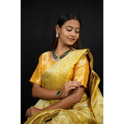 Isadora Life Womens Woven Zari Yellow Pre-Draped Saree with Unstitched Blouse