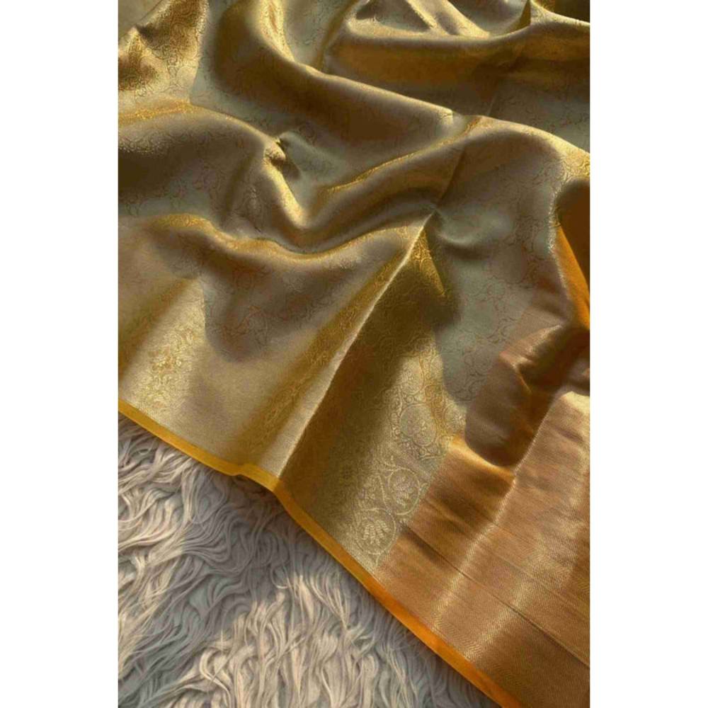 Isadora Life Womens Woven Zari Yellow Pre-Draped Saree with Unstitched Blouse