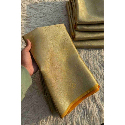 Isadora Life Womens Woven Zari Yellow Pre-Draped Saree with Unstitched Blouse