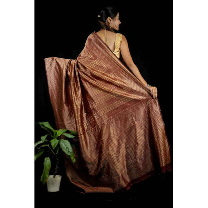 Isadora Life Womens Woven Zari Brown Pre-Draped Saree with Unstitched Blouse