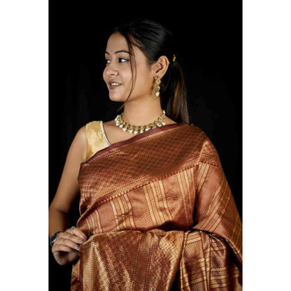 Isadora Life Womens Woven Zari Brown Pre-Draped Saree with Unstitched Blouse