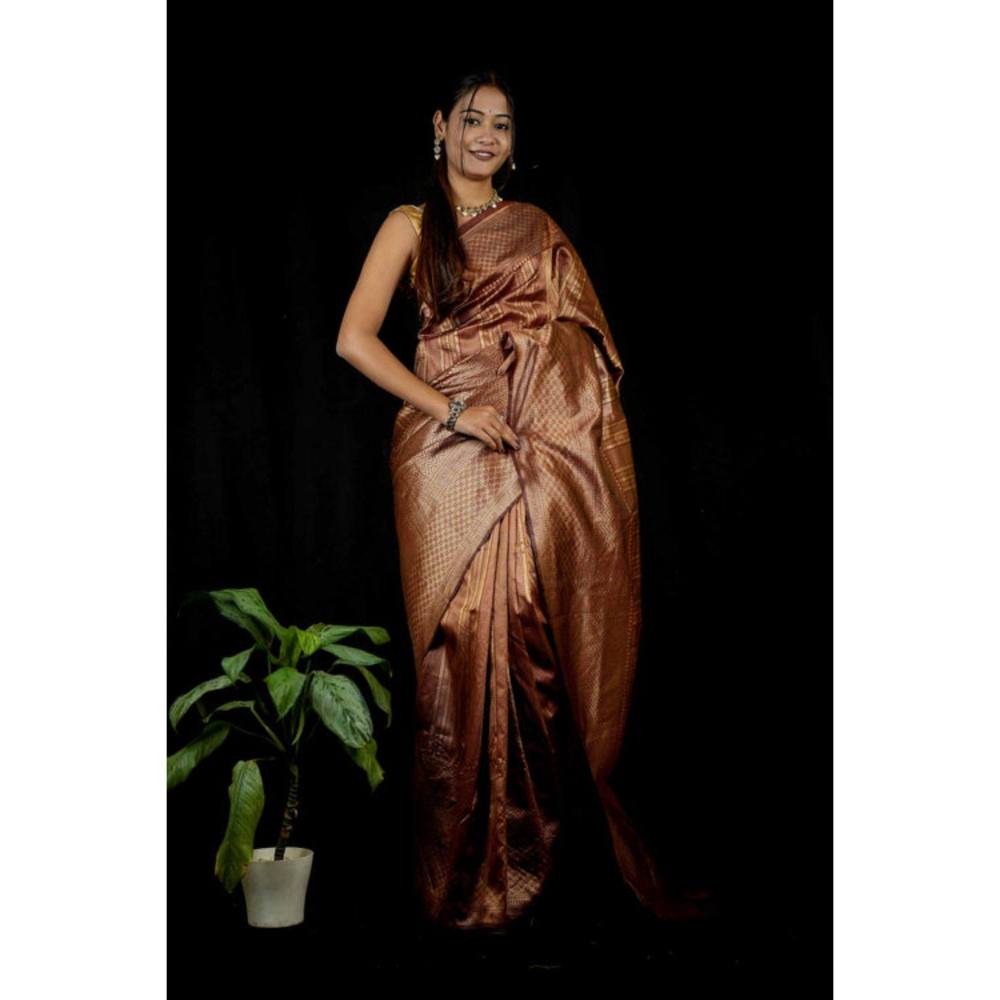 Isadora Life Womens Woven Zari Brown Pre-Draped Saree with Unstitched Blouse