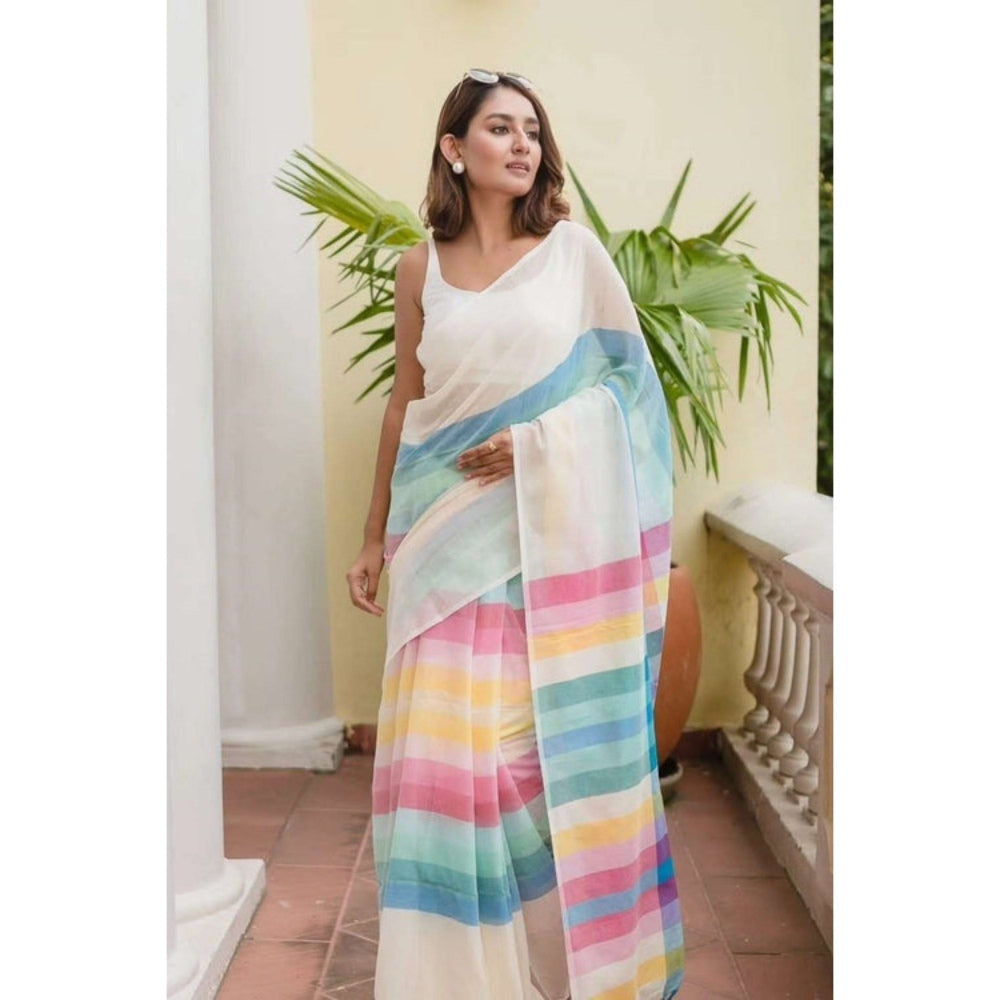 Isadora Life Womens Stripes Printed Multi-Color Pre-Draped Saree with Unstitched Blouse