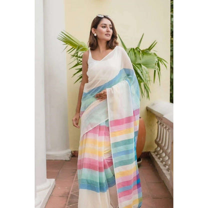 Isadora Life Womens Stripes Printed Multi-Color Pre-Draped Saree with Unstitched Blouse