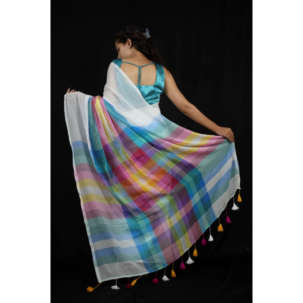 Isadora Life Womens Stripes Printed Multi-Color Pre-Draped Saree with Unstitched Blouse