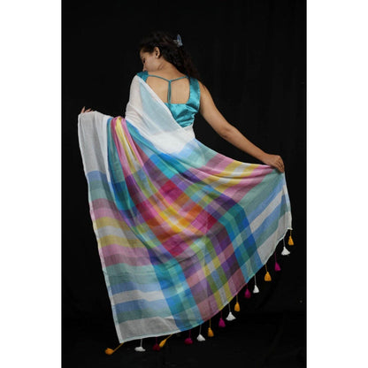 Isadora Life Womens Stripes Printed Multi-Color Pre-Draped Saree with Unstitched Blouse