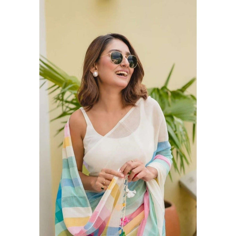 Isadora Life Womens Stripes Printed Multi-Color Pre-Draped Saree with Unstitched Blouse