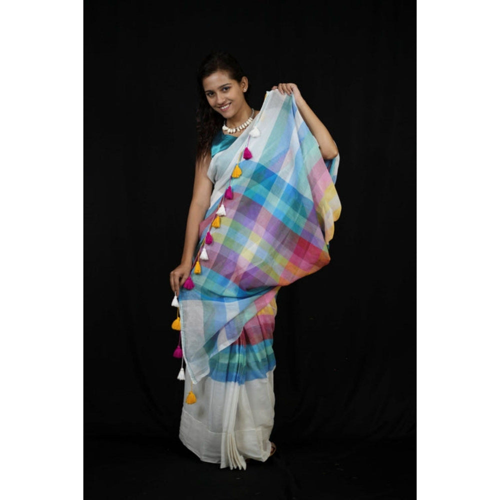 Isadora Life Womens Stripes Printed Multi-Color Pre-Draped Saree with Unstitched Blouse