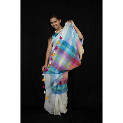 Isadora Life Womens Stripes Printed Multi-Color Pre-Draped Saree with Unstitched Blouse