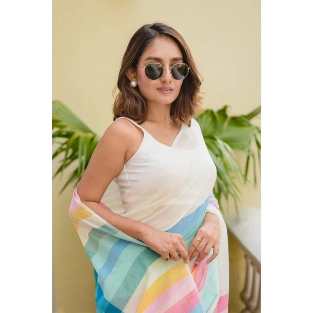 Isadora Life Womens Stripes Printed Multi-Color Pre-Draped Saree with Unstitched Blouse