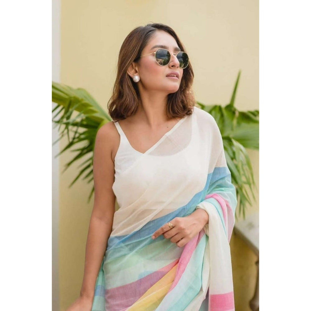 Isadora Life Womens Stripes Printed Multi-Color Pre-Draped Saree with Unstitched Blouse