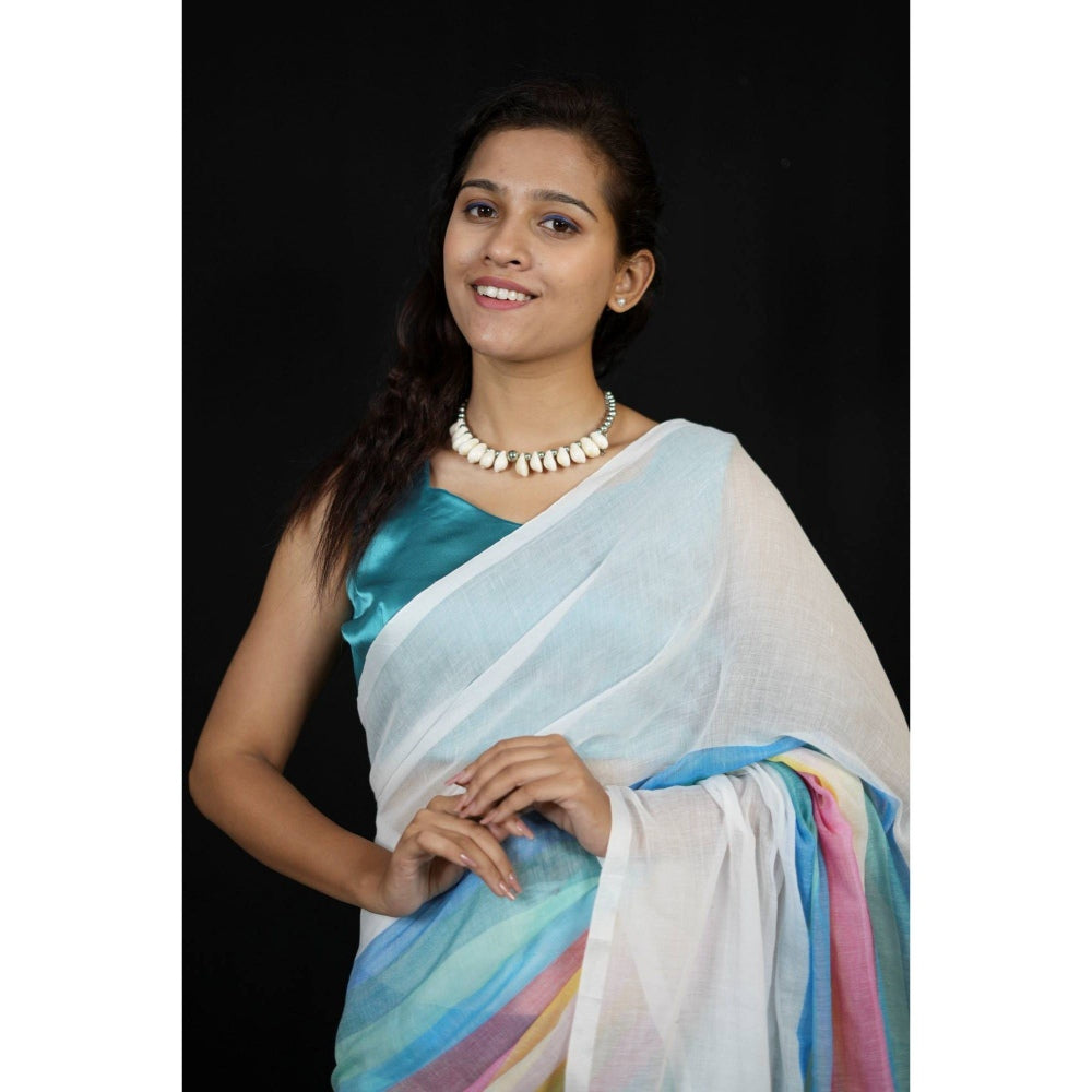 Isadora Life Womens Stripes Printed Multi-Color Pre-Draped Saree with Unstitched Blouse