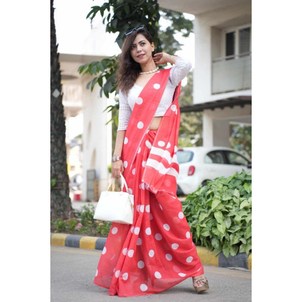 Isadora Life Womens Polka Dots Printed Red Pre-Draped Saree with Unstitched Blouse