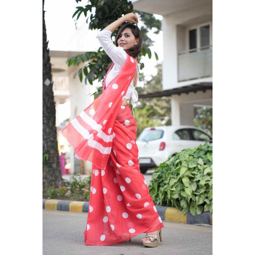 Isadora Life Womens Polka Dots Printed Red Pre-Draped Saree with Unstitched Blouse