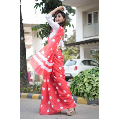 Isadora Life Womens Polka Dots Printed Red Pre-Draped Saree with Unstitched Blouse