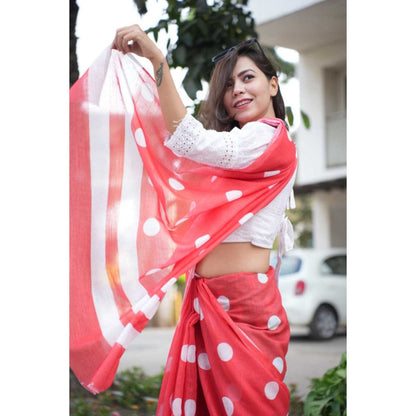 Isadora Life Womens Polka Dots Printed Red Pre-Draped Saree with Unstitched Blouse