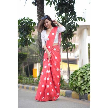 Isadora Life Womens Polka Dots Printed Red Pre-Draped Saree with Unstitched Blouse