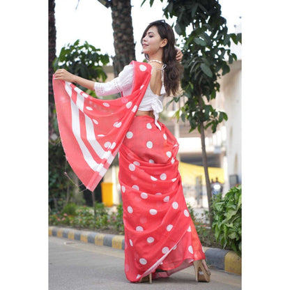 Isadora Life Womens Polka Dots Printed Red Pre-Draped Saree with Unstitched Blouse