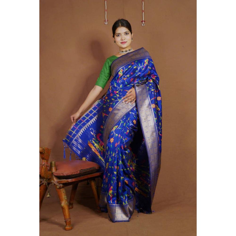 Isadora Life Womens Floral Tassels Blue Pre-Draped Saree with Unstitched Blouse