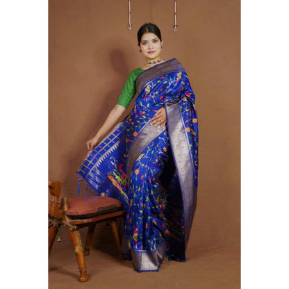 Isadora Life Womens Floral Tassels Blue Pre-Draped Saree with Unstitched Blouse
