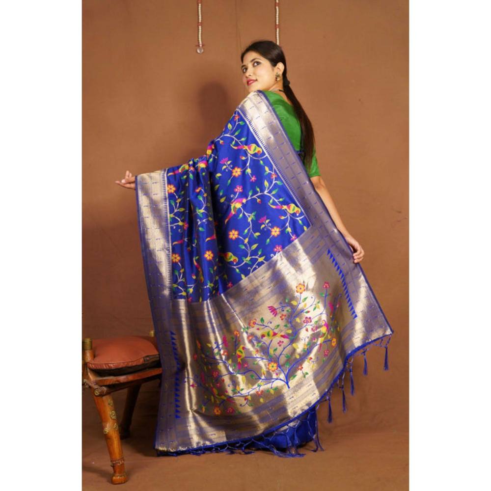 Isadora Life Womens Floral Tassels Blue Pre-Draped Saree with Unstitched Blouse