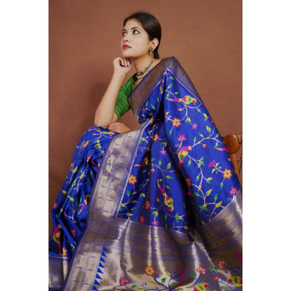 Isadora Life Womens Floral Tassels Blue Pre-Draped Saree with Unstitched Blouse