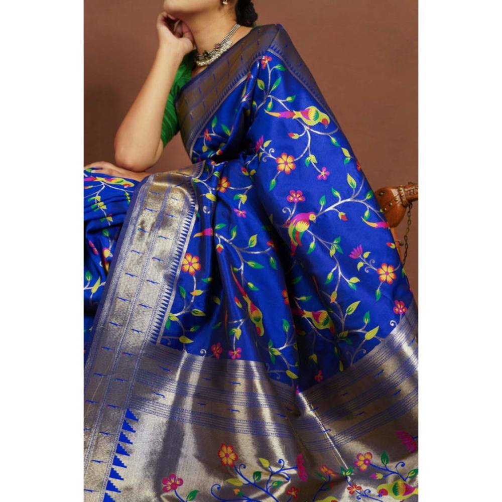 Isadora Life Womens Floral Tassels Blue Pre-Draped Saree with Unstitched Blouse