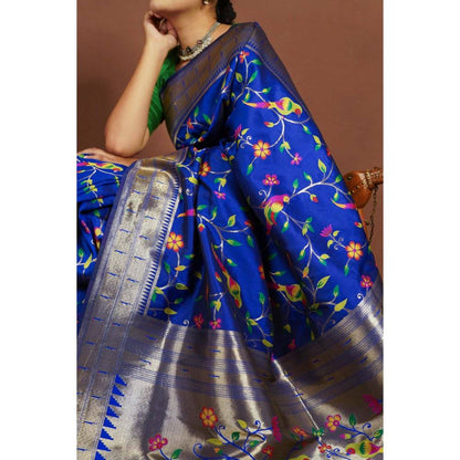 Isadora Life Womens Floral Tassels Blue Pre-Draped Saree with Unstitched Blouse