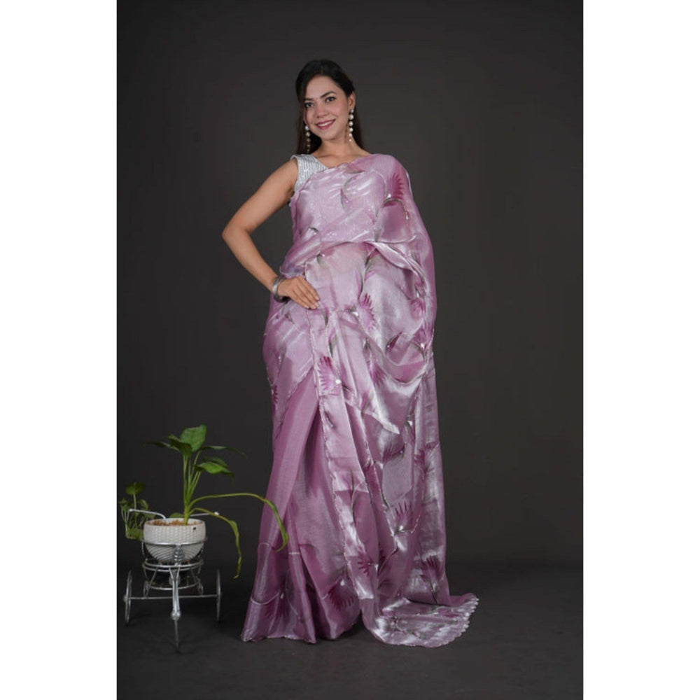 Isadora Life Womens Floral Printed Lavender Pre-Draped Saree with Unstitched Blouse