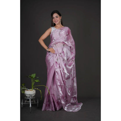 Isadora Life Womens Floral Printed Lavender Pre-Draped Saree with Unstitched Blouse